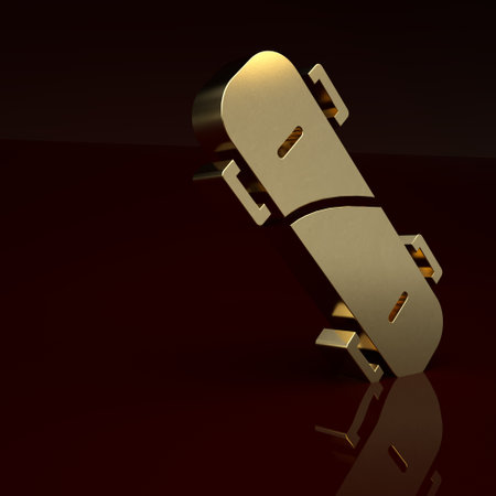 Gold Skateboard icon isolated on brown background. Extreme sport. Sport equipment. Minimalism concept. 3D render illustrationの写真素材