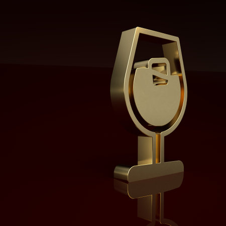 Gold Wine glass icon isolated on brown background. Wineglass sign. Minimalism concept. 3D render illustrationの写真素材