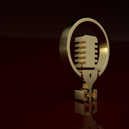 Gold Microphone icon isolated on brown background. On air radio mic microphone. Speaker sign. Minimalism concept. 3D render illustrationの写真素材