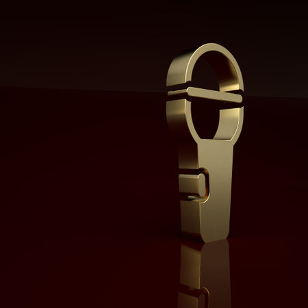 Gold Microphone icon isolated on brown background. On air radio mic microphone. Speaker sign. Minimalism concept. 3D render illustrationの写真素材