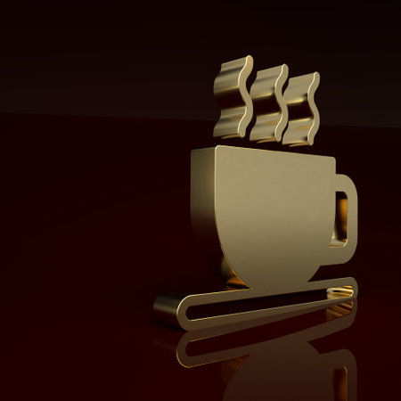 Gold Cup of tea icon isolated on brown background. Minimalism concept. 3D render illustrationの写真素材