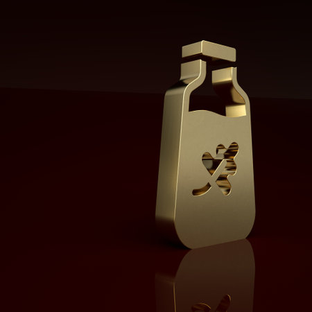 Gold Essential oil bottle icon isolated on brown background. Organic aromatherapy essence. Skin care serum glass drop package. Minimalism concept. 3D render illustrationの写真素材