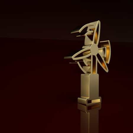 Gold Wind turbine icon isolated on brown background. Wind generator sign. Windmill for electric power production. Minimalism concept. 3D render illustrationの写真素材