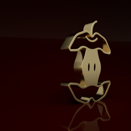 Gold Apple core icon isolated on brown background. Bitten apple symbol. Apple stub silhouette. Biodegradable garbage sign. Minimalism concept. 3D render illustrationの写真素材