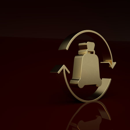 Gold Garbage bag with recycle symbol icon isolated on brown background. Trash can icon. Recycle basket sign. Minimalism concept. 3D render illustrationの写真素材