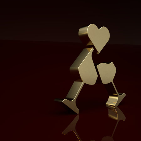 Gold Glass of champagne icon isolated on brown background. Happy Valentines day. Minimalism concept. 3D render illustrationの写真素材