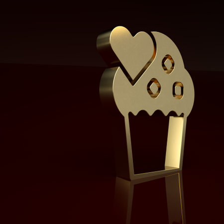 Gold Wedding cake with heart icon isolated on brown background. Happy Valentines day. Minimalism concept. 3D render illustrationの写真素材