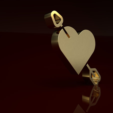Gold Amour symbol with heart and arrow icon isolated on brown background. Love sign. Happy Valentines day. Minimalism concept. 3D render illustrationの写真素材