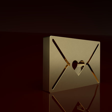 Gold Envelope with Valentine heart icon isolated on brown background. Message love. Letter love and romance. Happy Valentines day. Minimalism concept. 3D render illustrationの写真素材