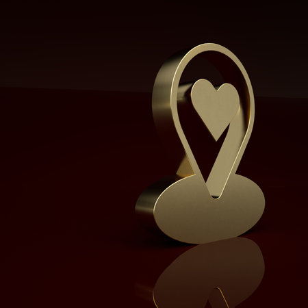 Gold Map pointer with heart icon isolated on brown background. Valentines day. Love location. Romantic map pin. Minimalism concept. 3D render illustrationの写真素材