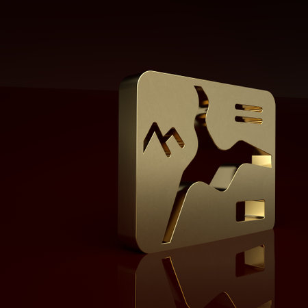 Gold Topographic map with route and coordinates icon isolated on brown background. Minimalism concept. 3D render illustrationの写真素材