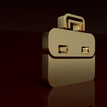Gold Briefcase icon isolated on brown background. Business case sign. Business portfolio. Minimalism concept. 3D render illustrationの写真素材