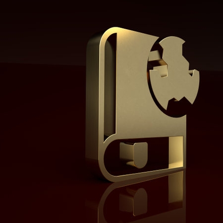 Gold Earth globe and book icon isolated on brown background. World or Earth sign. Global internet symbol. Geometric shapes. Minimalism concept. 3D render illustrationの写真素材
