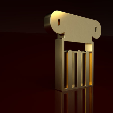 Gold Ancient column icon isolated on brown background. Minimalism concept. 3D render illustrationの写真素材