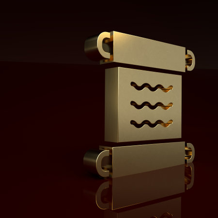 Gold Ancient papyrus scroll icon isolated on brown background. Parchment paper. Ancient Egypt symbol. Minimalism concept. 3D render illustrationの写真素材