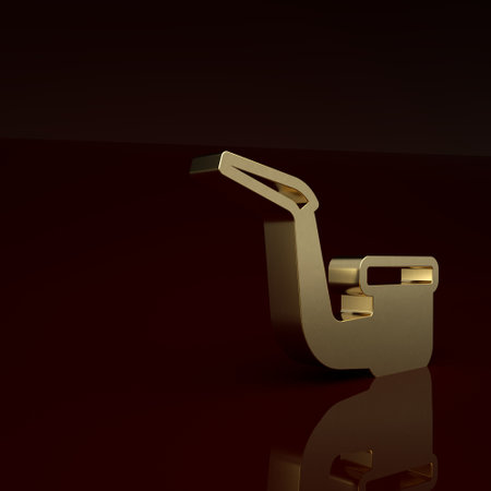 Gold Smoking pipe with smoke icon isolated on brown background. Tobacco pipe. Minimalism concept. 3D render illustrationの写真素材