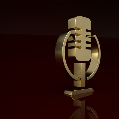 Gold Microphone icon isolated on brown background. On air radio mic microphone. Speaker sign. Minimalism concept. 3D render illustrationの写真素材