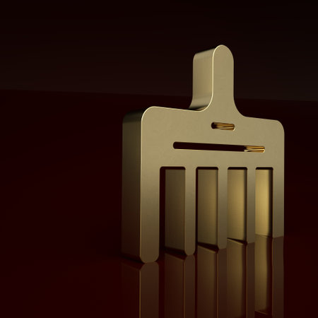 Gold Hairbrush icon isolated on brown background. Comb hair sign. Barber symbol. Minimalism concept. 3D render illustrationの写真素材