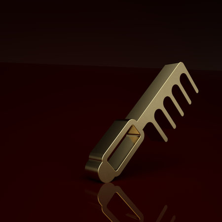 Gold Hairbrush icon isolated on brown background. Comb hair sign. Barber symbol. Minimalism concept. 3D render illustrationの写真素材