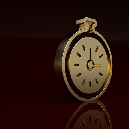 Gold Pocket watch icon isolated on brown background. Minimalism concept. 3D render illustrationの写真素材