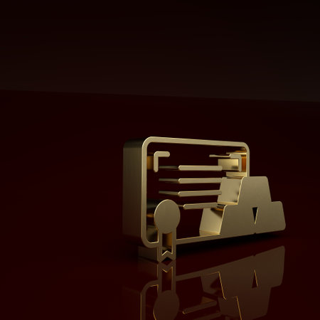 Gold Gold bars with certificate icon isolated on brown background. Banking business concept. Minimalism concept. 3D render illustrationの写真素材