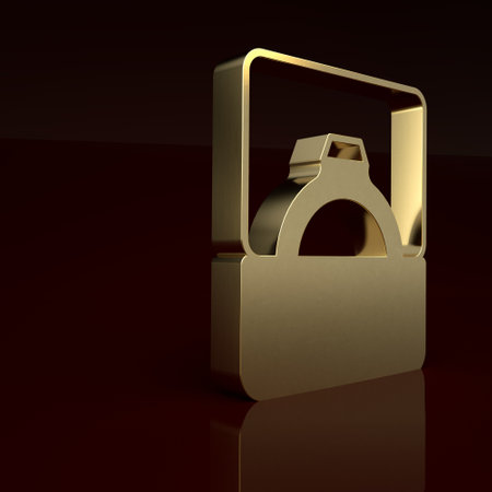 Gold Diamond engagement ring in box icon isolated on brown background. Minimalism concept. 3D render illustrationの写真素材