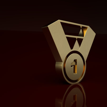 Gold Gold medal icon isolated on brown background. Winner symbol. Minimalism concept. 3D render illustrationの写真素材