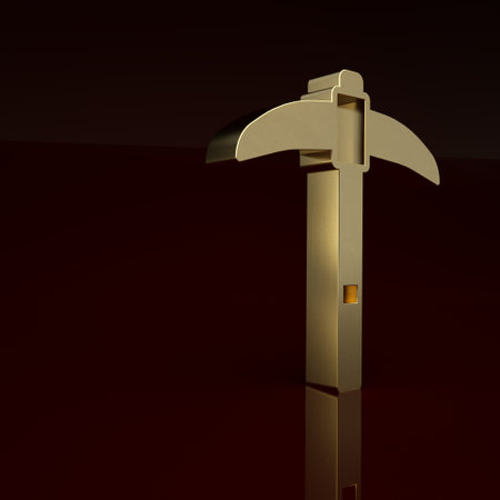 Gold Pickaxe icon isolated on brown background. Minimalism concept. 3D render illustrationの写真素材