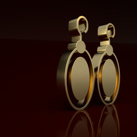 Gold Earrings icon isolated on brown background. Jewelry accessories. Minimalism concept. 3D render illustrationの写真素材