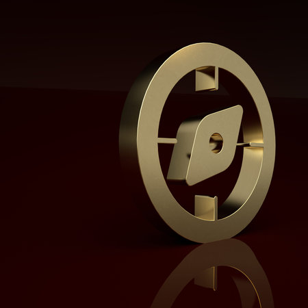 Gold Compass icon isolated on brown background. Windrose navigation symbol. Wind rose sign. Minimalism concept. 3D render illustrationの写真素材