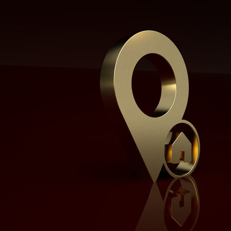 Gold Map pointer with house icon isolated on brown background. Home location marker symbol....