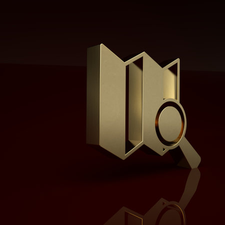 Gold Search location icon isolated on brown background. Magnifying glass with pointer sign. Minimalism concept. 3D render illustrationの写真素材