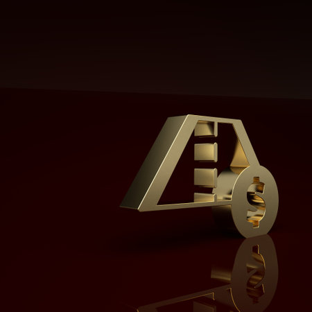 Gold Toll road traffic sign. Signpost icon isolated on brown background. Pointer symbol. Street information sign. Direction sign. Minimalism concept. 3D render illustrationの写真素材