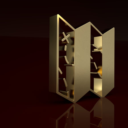Gold Folded map icon isolated on brown background. Minimalism concept. 3D render illustrationの写真素材