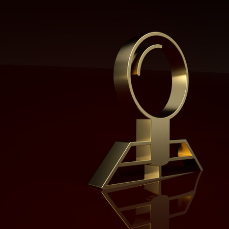 Gold Folded map with location marker icon isolated on brown background. Minimalism concept. 3D render illustrationの写真素材