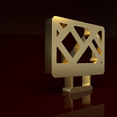 Gold Computer monitor and folded map with location marker icon isolated on brown background. Minimalism concept. 3D render illustrationの写真素材