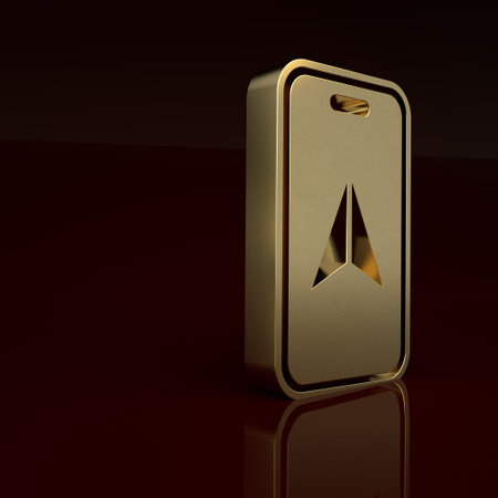 Gold Infographic of city map navigation icon isolated on brown background. Mobile App Interface concept design. Geolacation concept. Minimalism concept. 3D render illustrationの写真素材