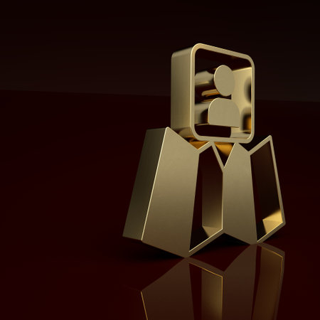 Gold Folded map with location marker icon isolated on brown background. Minimalism concept. 3D render illustrationの写真素材