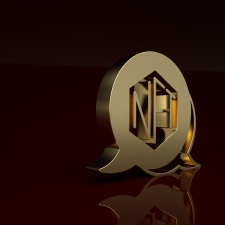 Gold NFT Digital crypto art icon isolated on brown background. Non fungible token. Minimalism concept. 3D render illustrationの写真素材