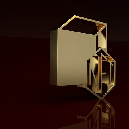 Gold NFT Digital crypto art icon isolated on brown background. Non fungible token. Minimalism...