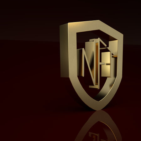 Gold NFT shield icon isolated on brown background. Non fungible token. Digital crypto art concept. Minimalism concept. 3D render illustrationの写真素材