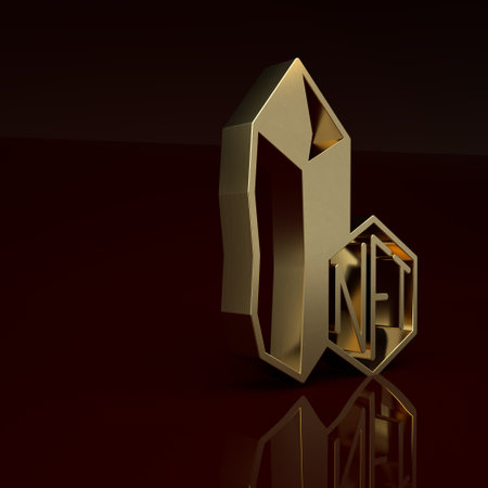 Gold NFT Digital crypto art icon isolated on brown background. Non fungible token. Minimalism concept. 3D render illustrationの写真素材