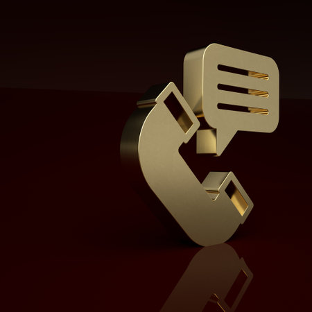 Gold Telephone conversation icon isolated on brown background. Telephone handset. Phone sign. Call center, communication. Minimalism concept. 3D render illustrationの写真素材