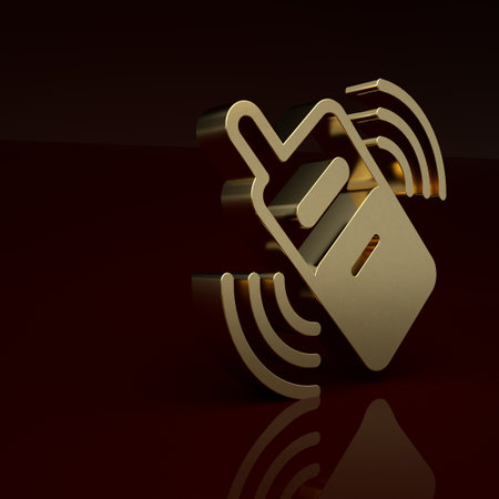 Gold Smartphone, mobile phone icon isolated on brown background. Minimalism concept. 3D render illustrationの写真素材