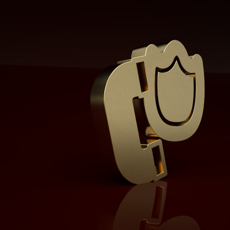 Gold Telephone handset with security shield icon isolated on brown background. Phone sign. Minimalism concept. 3D render illustrationの写真素材