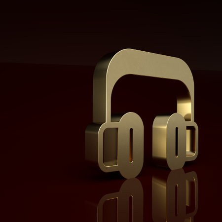 Gold Headphones icon isolated on brown background. Support customer service, hotline, call center, faq, maintenance. Minimalism concept. 3D render illustrationの写真素材