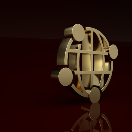 Gold Global technology or social network icon isolated on brown background. Minimalism concept. 3D render illustrationの写真素材
