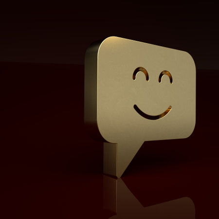 Gold Smile face icon isolated on brown background. Smiling emoticon. Happy smiley chat symbol. Minimalism concept. 3D render illustrationの写真素材