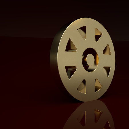 Gold Alloy wheel for car icon isolated on brown background. Minimalism concept. 3D render illustrationの写真素材