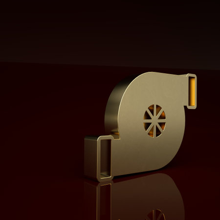 Gold Automotive turbocharger icon isolated on brown background. Vehicle performance turbo. Turbo compressor induction. Minimalism concept. 3D render illustrationの写真素材